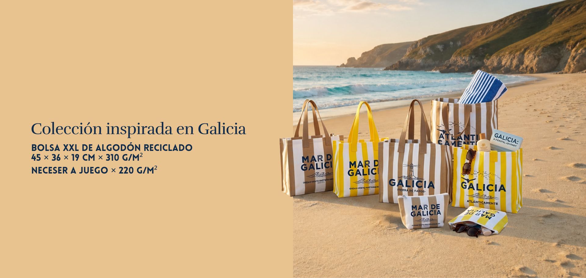 Orden Caótico · Colección inspirada en Galicia: bolsas XXL de algodón reciclado y neceseres en la playa