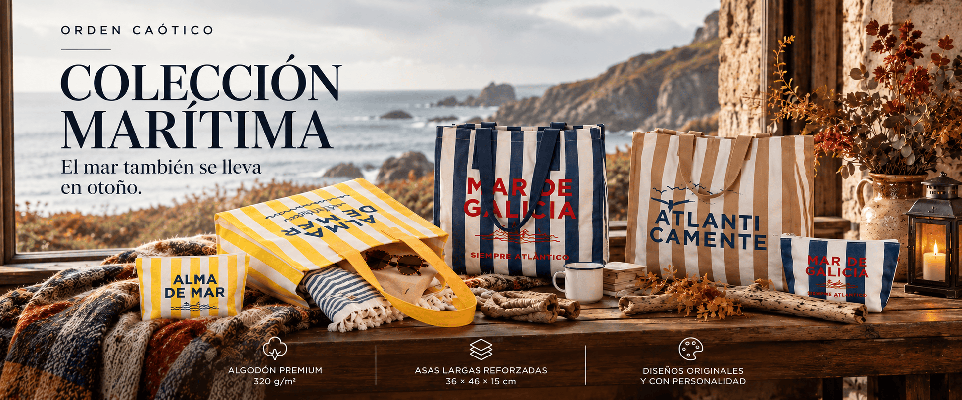 Orden Caótico · Colección Marítima: bolsas y neceseres de rayas Alma de mar, Mar de Galicia y Atlanticamente